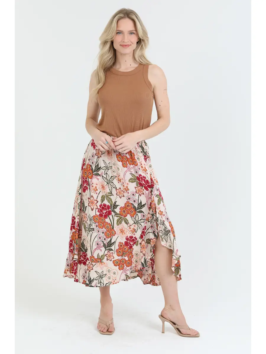 Floral Ruffle Slit Maxi Skirt