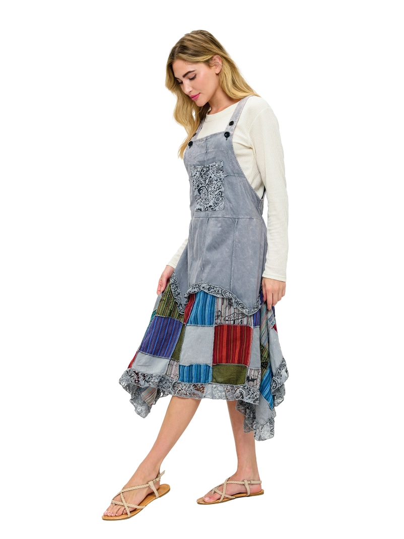 Hippie Print Patch Overall Dress