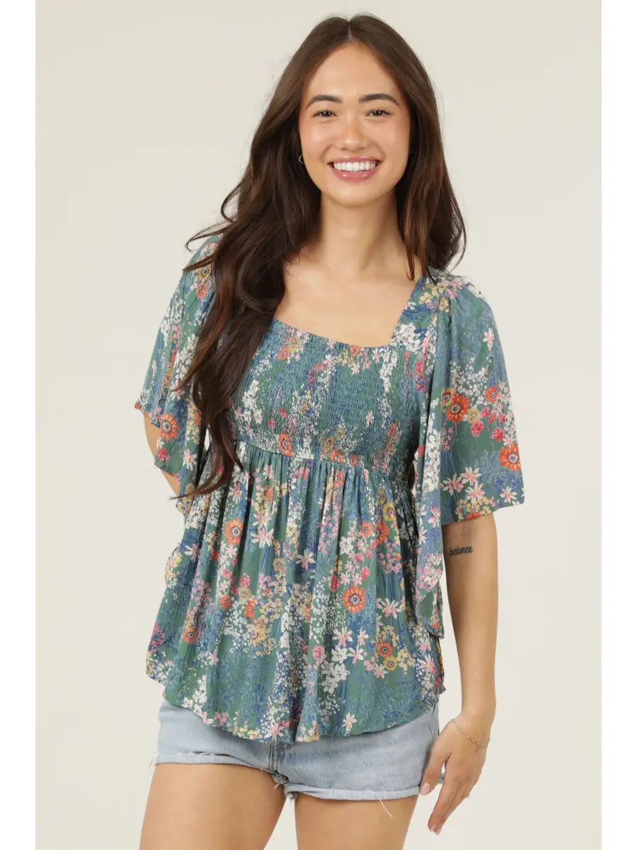 Floral Top Smocked Bodice Wide Sleeves