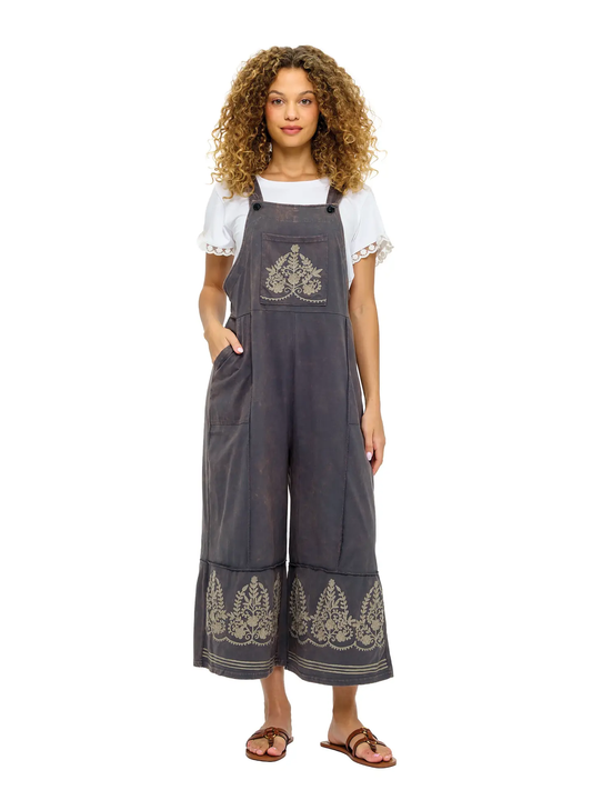 Embroidered Details Midi Overalls