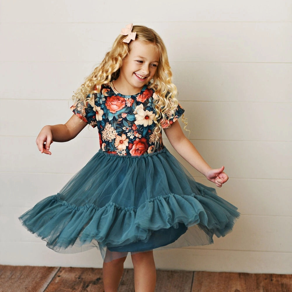 Girls Emerald Vintage Floral Tulle Dress