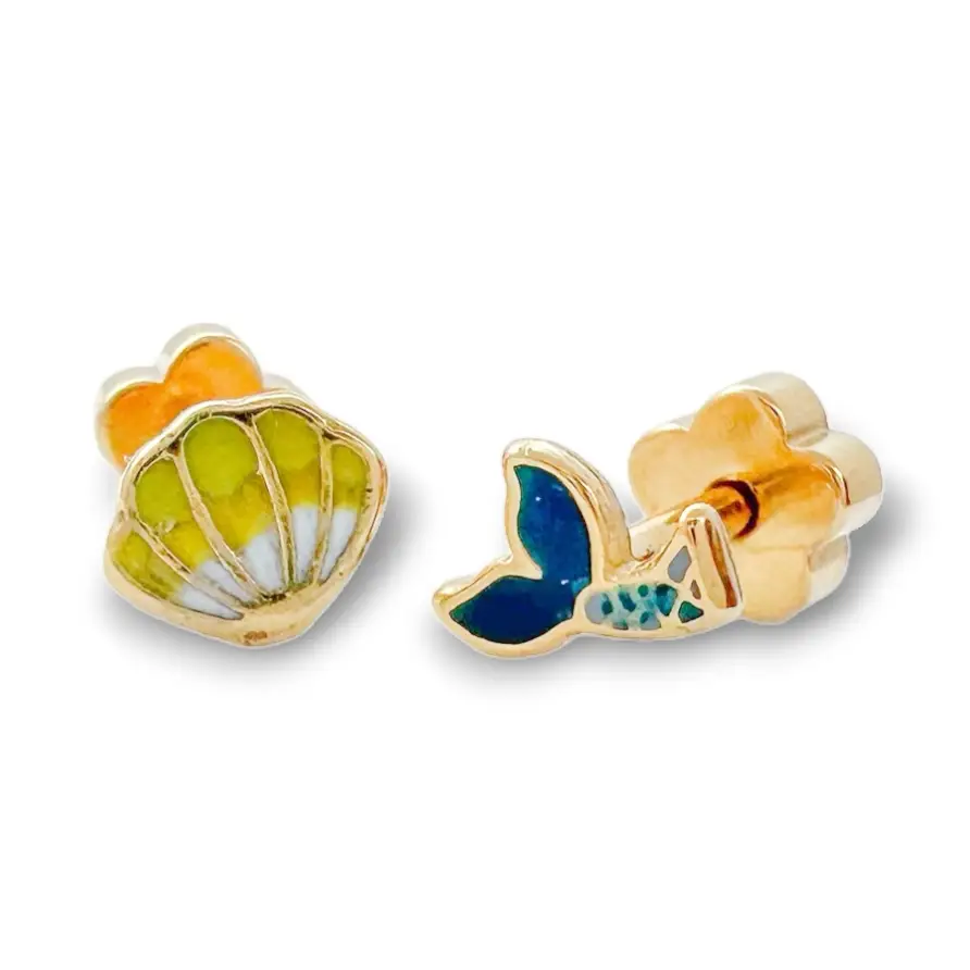 Mermaid Tail & Shell Tiny Screw Back Earrings