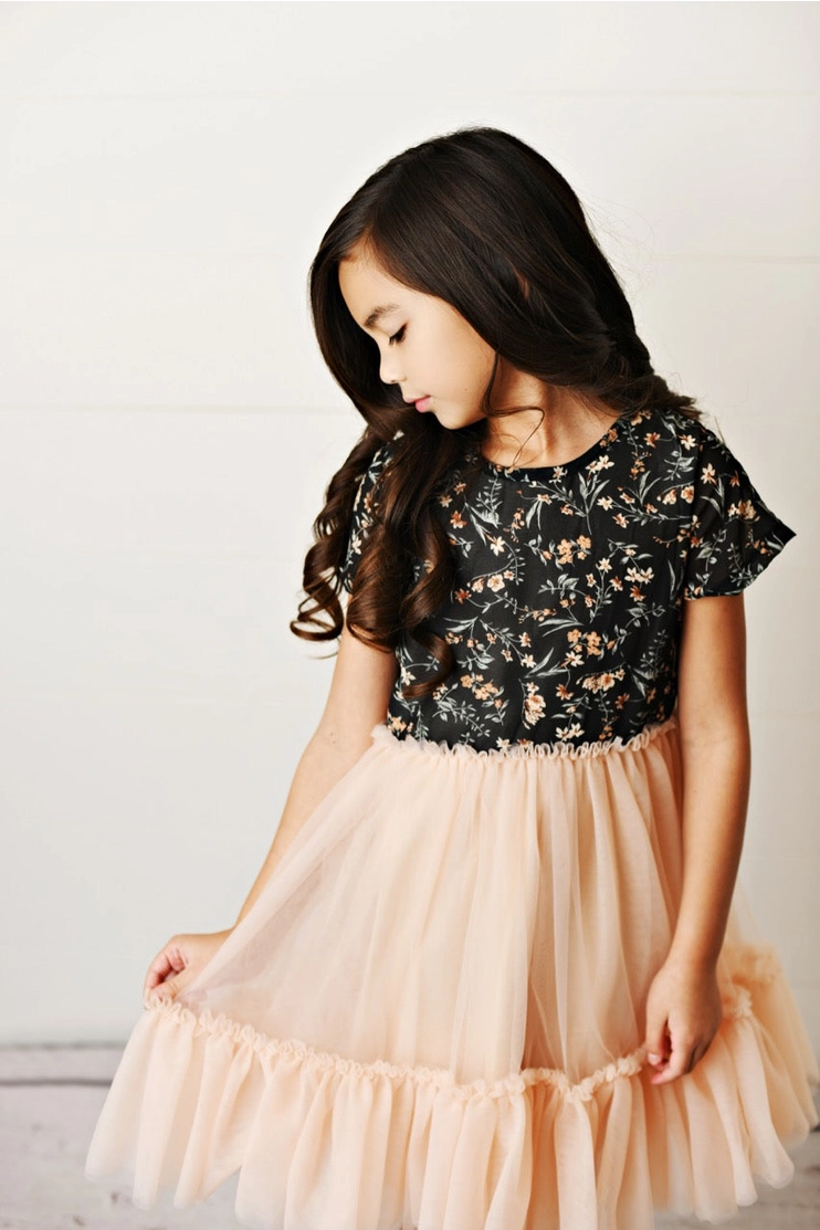 Girls Black + Peach Floral Tulle Dress