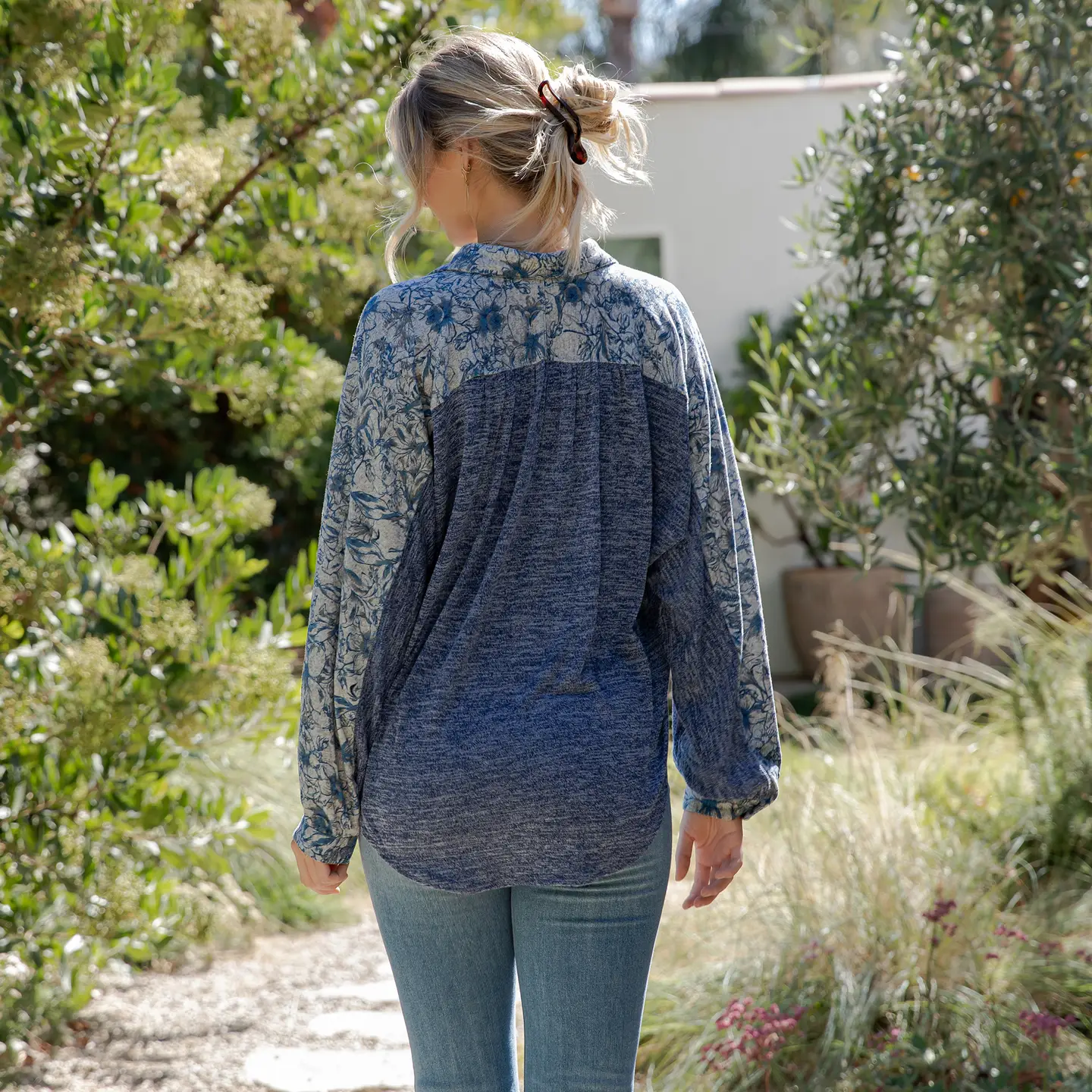Boho Knit Top With Floral Print Sleeves
