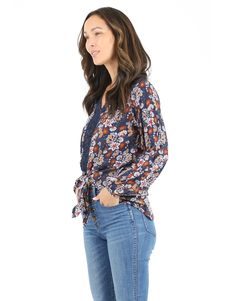 Lace Trim V-Neck Tie Waist Blouse