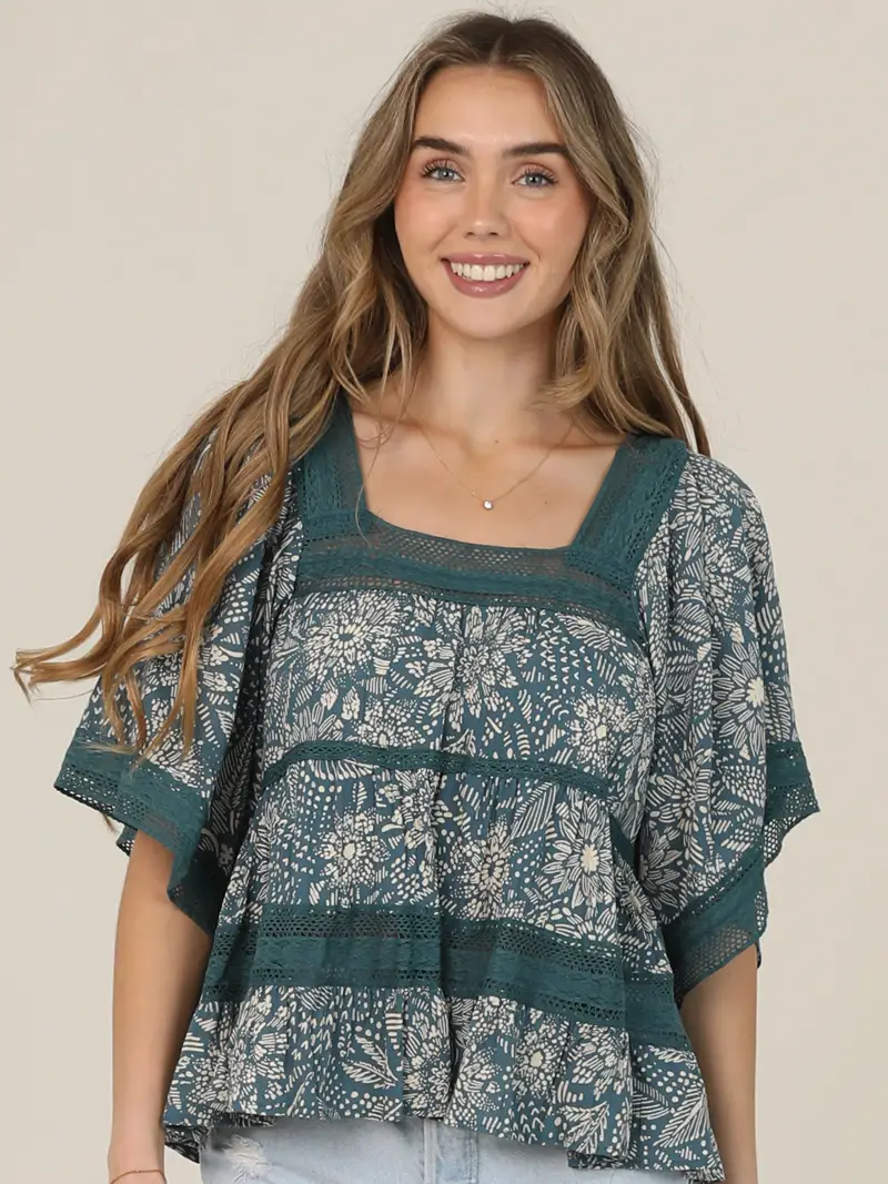 Lace Trim Printed Wide Sleeve Blouse