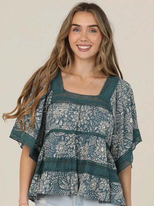 Lace Trim Printed Wide Sleeve Blouse
