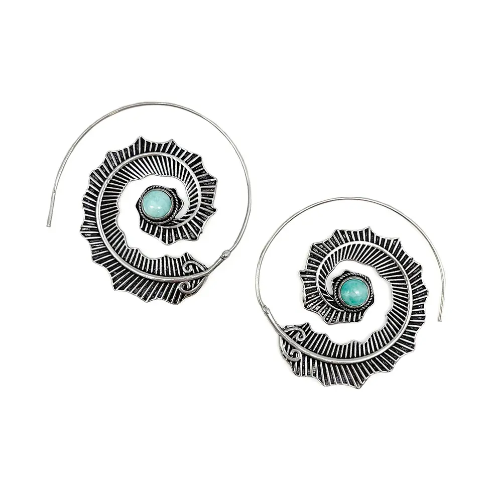 Tanvi Amazonite Silver Leaf Open Hoop Earrings