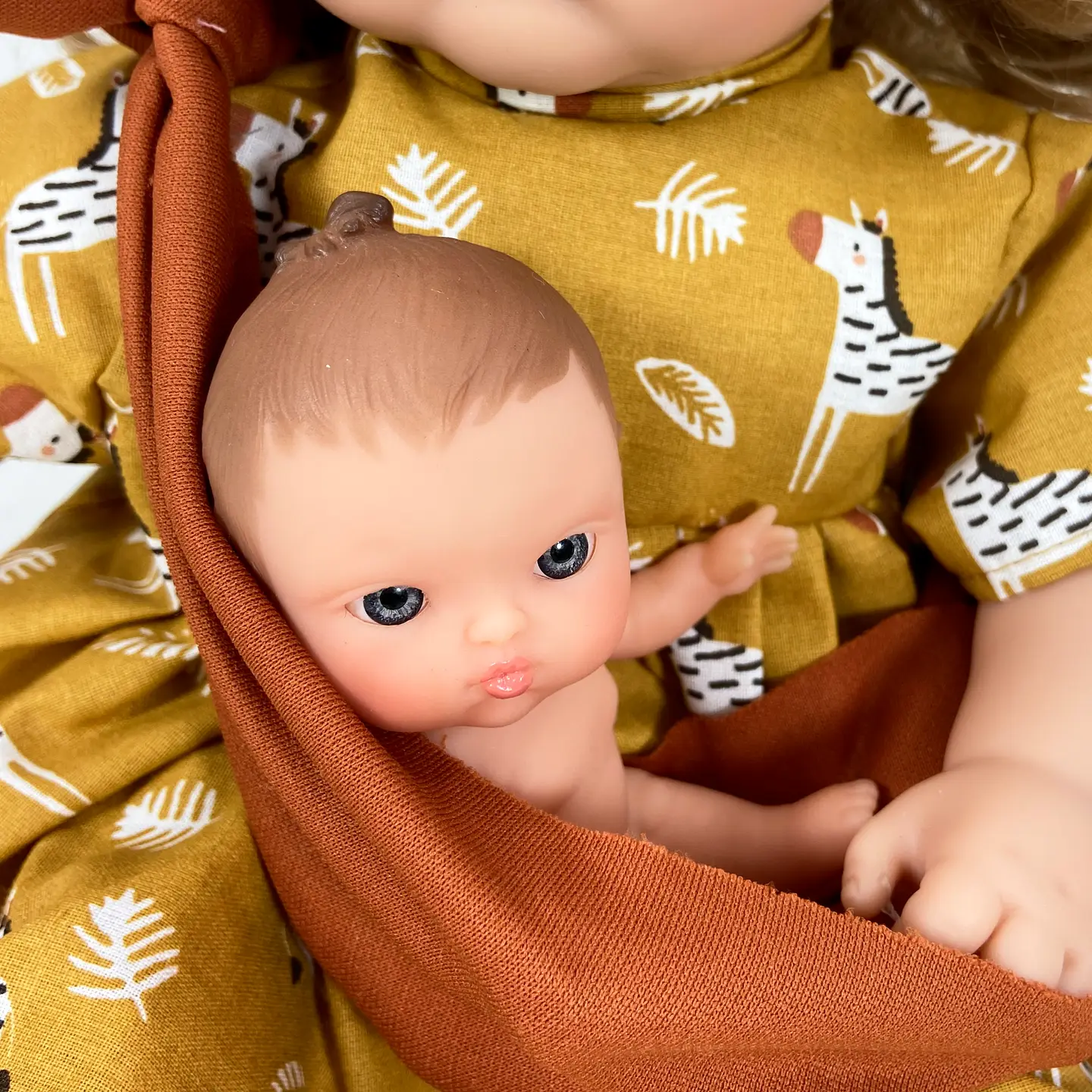 Doll w/ Baby in Sling Mustard Dress