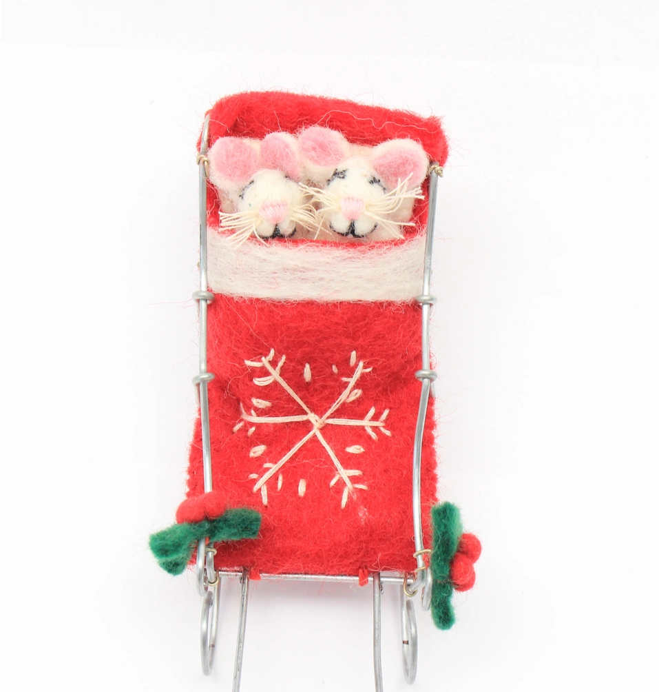 Felted Sleeping Mice on Sleigh w/ Reindeer