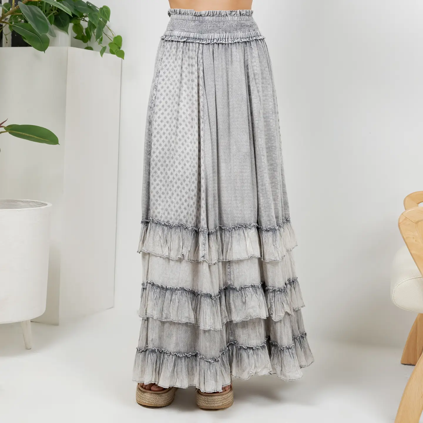 Rustic Textured Smocked Waist Skirt