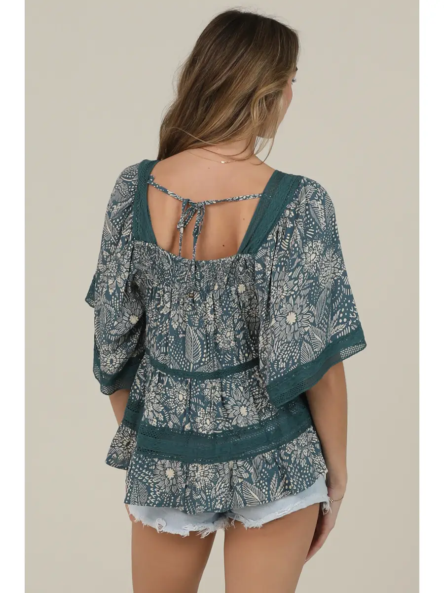 Lace Trim Printed Wide Sleeve Blouse
