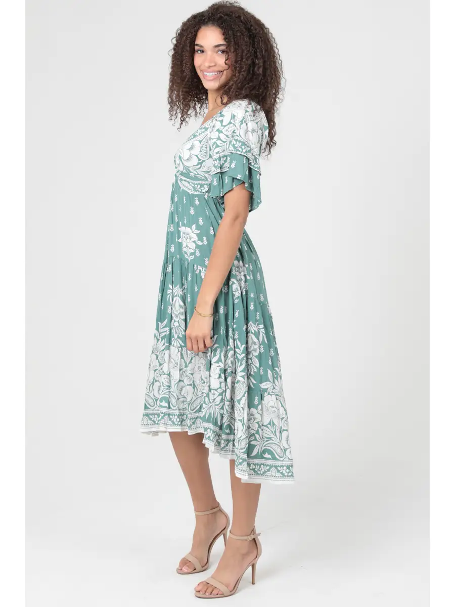 Twist Front Ruffle Sleeves Midi Dress