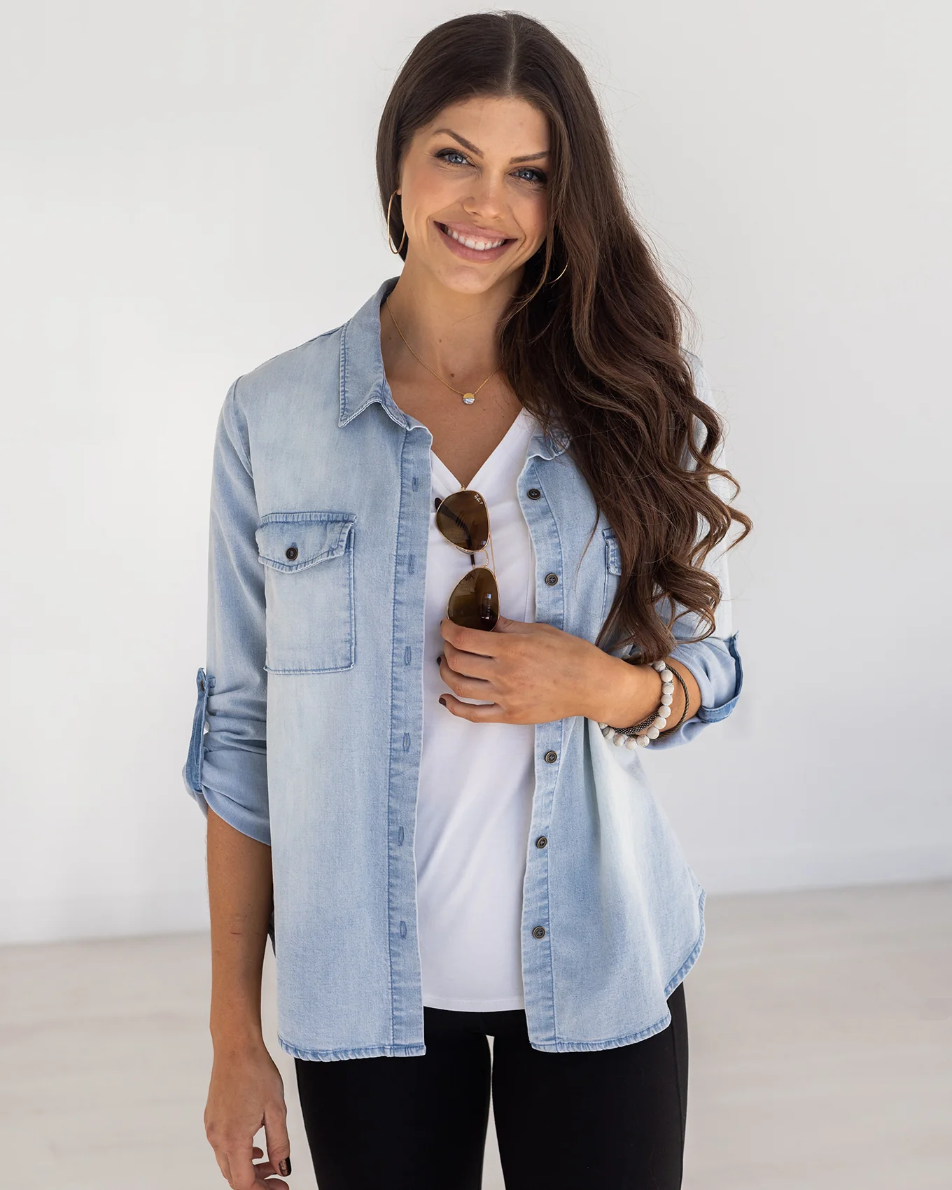 Stretch Chambray Button Up Top