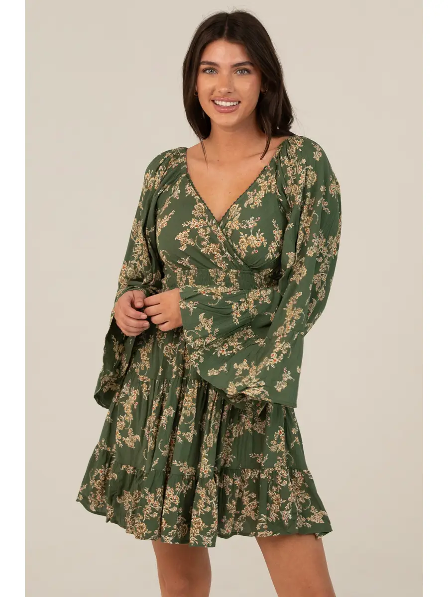 V-Neck Wide Flare Bell Sleeve Dress