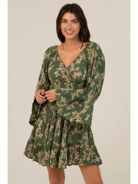 V-Neck Wide Flare Bell Sleeve Dress