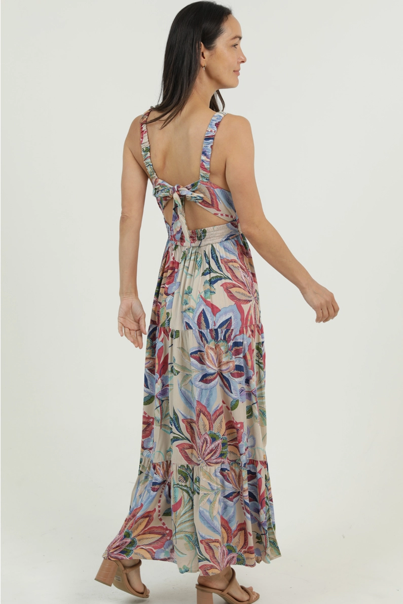 Printed Maxi Dress with Open Tie Back Deta
