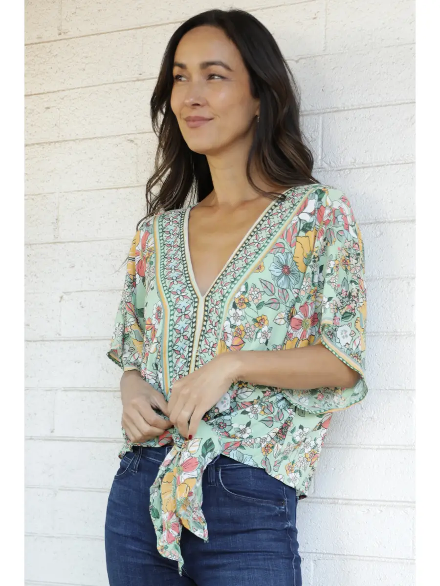 V-Neck Tie Waist Kimono Sleeve Top
