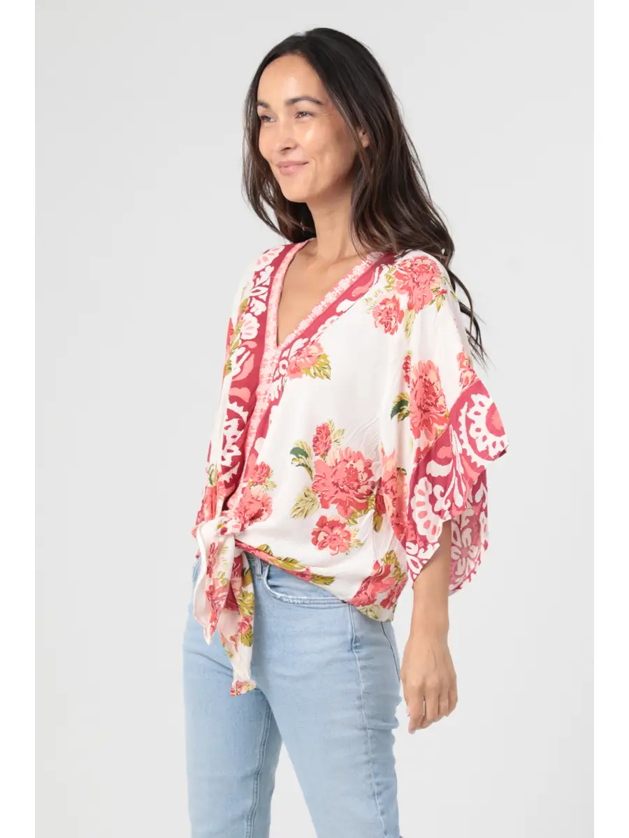 V-Neck Tie Waist Kimono Sleeve Top