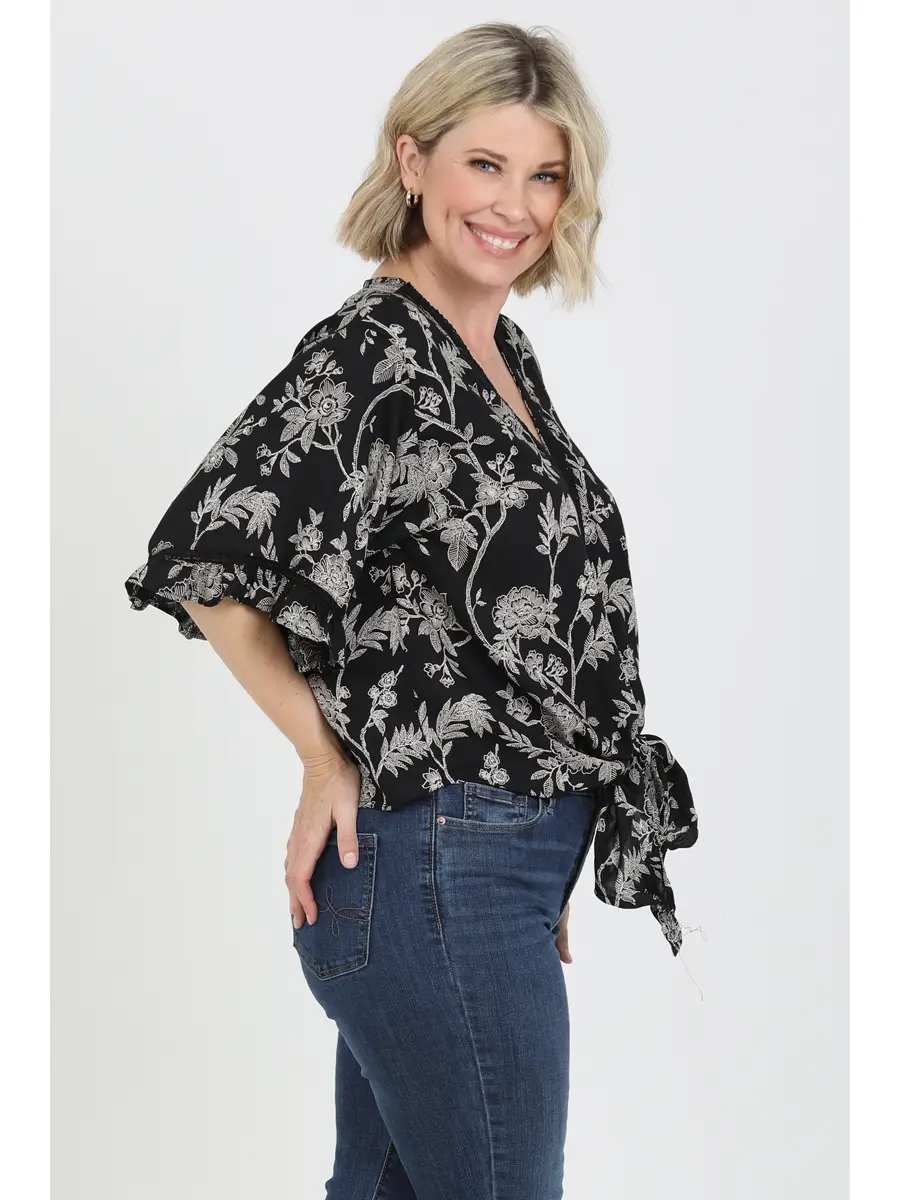 V-Neck Lace Trim Tie Waist Blouse