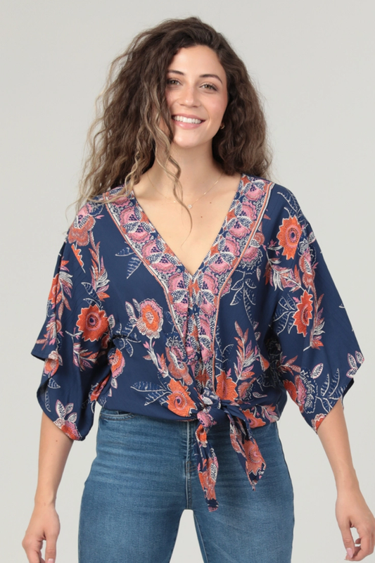 V-Neck Kimono Sleeve Tie Waist Blouse