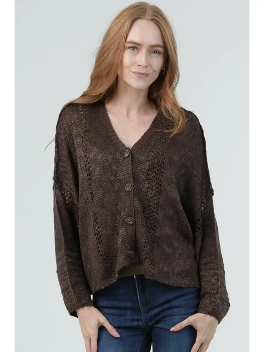 Open Knit Button Front Oversized Sweater
