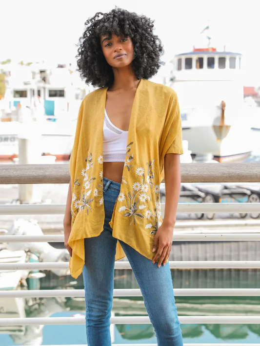 Embroidered Daisy Woven Kimono