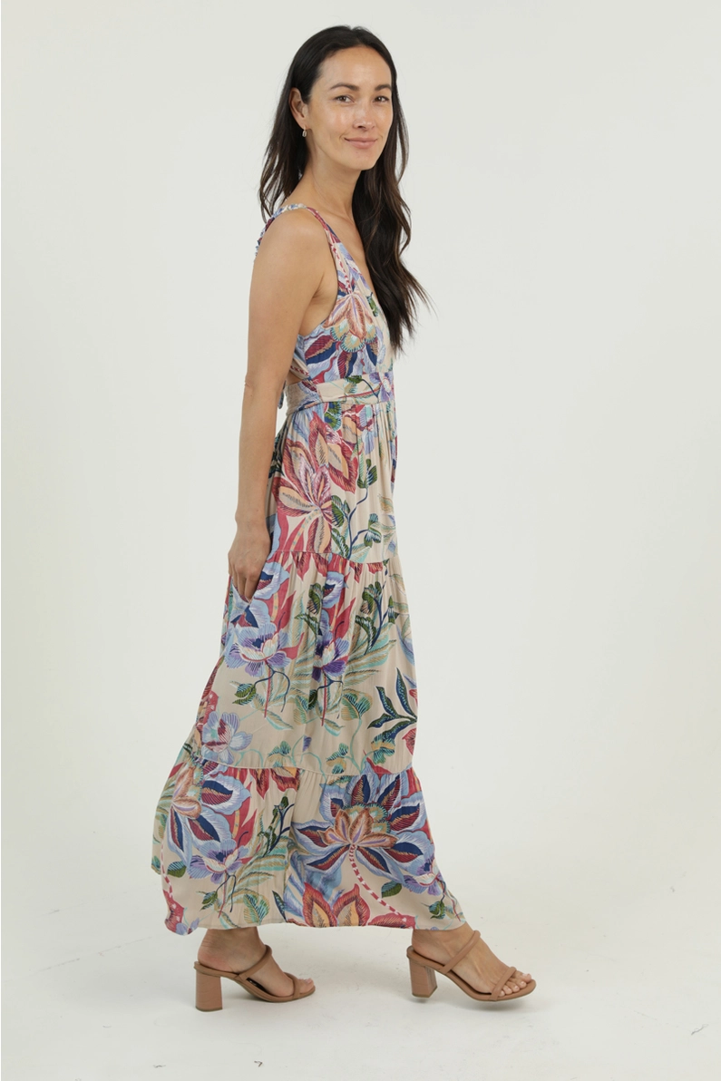 Printed Maxi Dress with Open Tie Back Deta