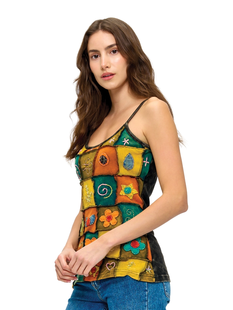 Hand-Stitched Symbols Patchwork Tank Top