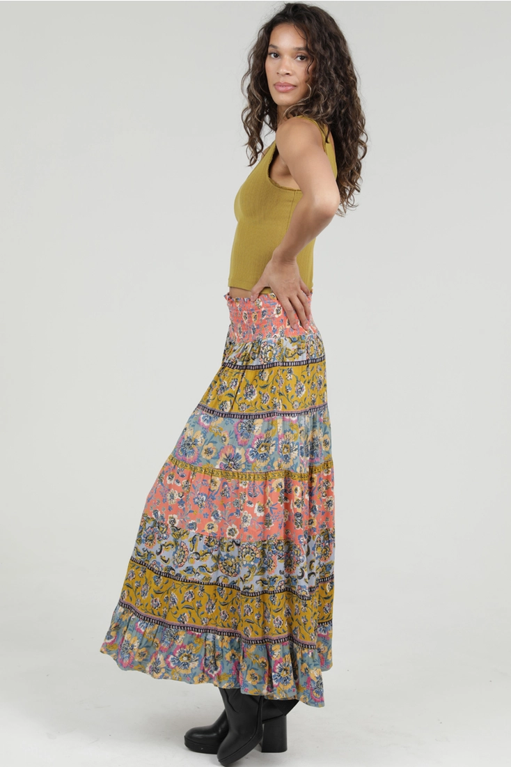 Mixed Print Tiered Maxi Skirt