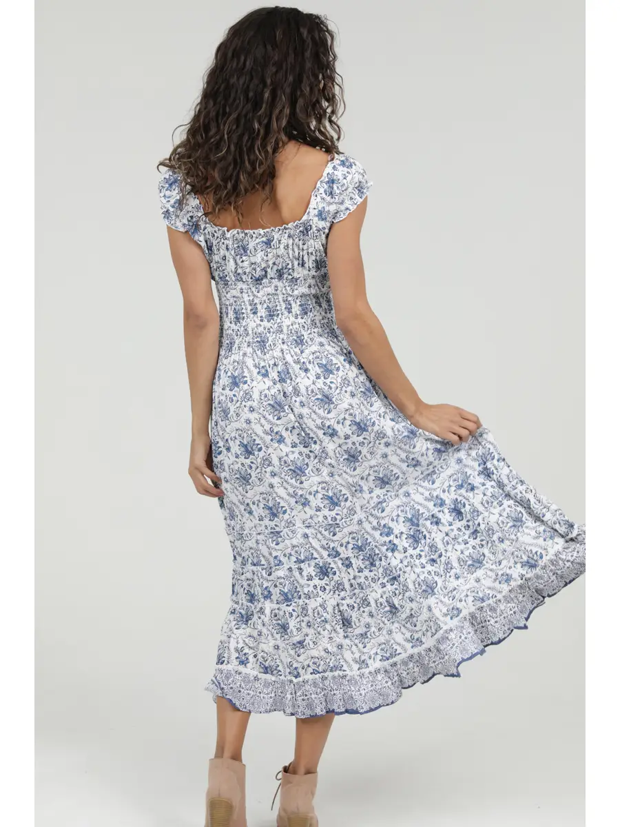 V-Neck Floral Smocked Waist Dress