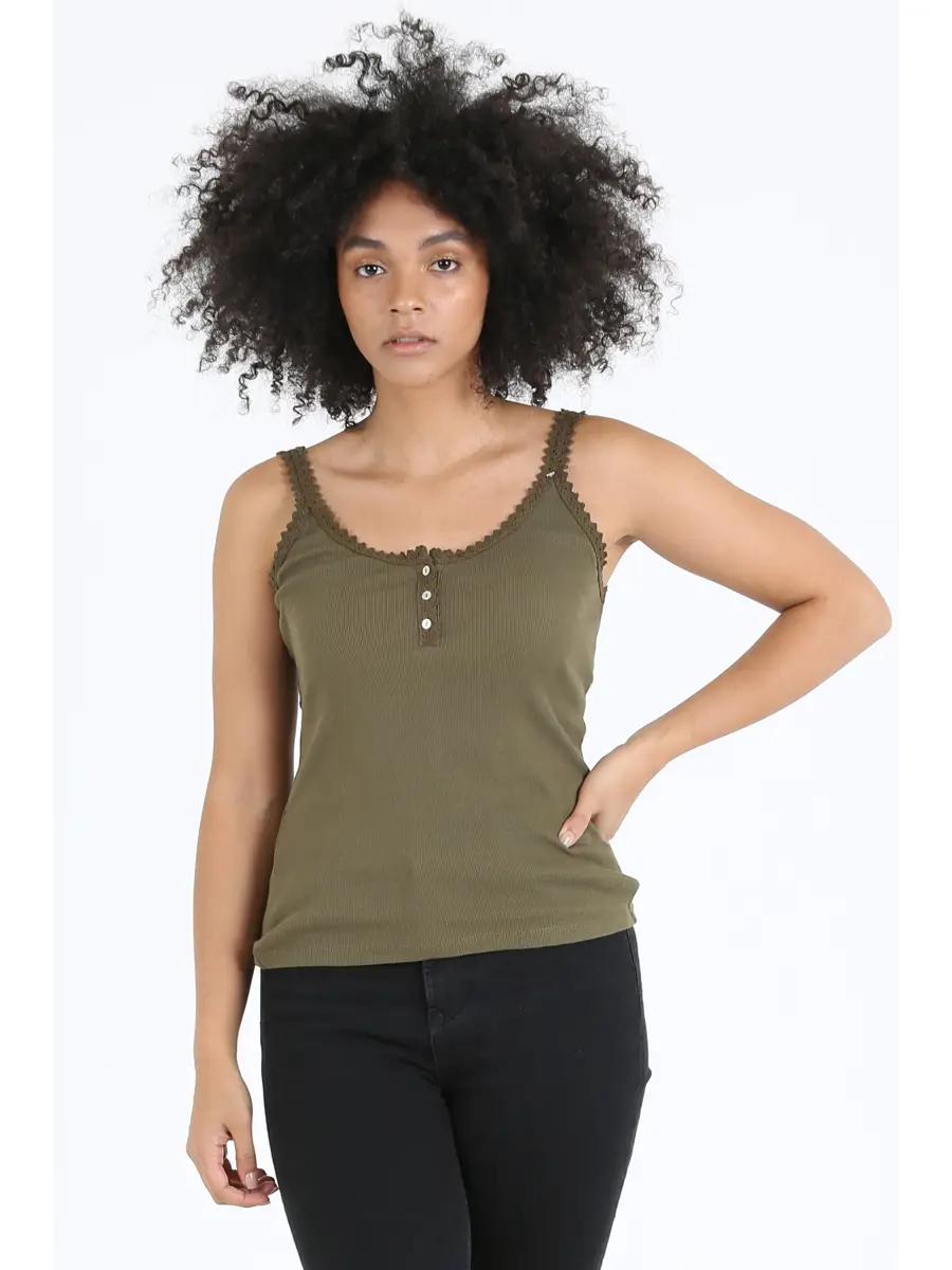 Rib Knit Lace Trim Henley Tank Top
