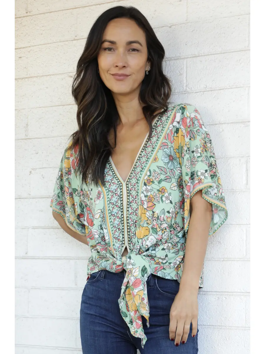 V-Neck Tie Waist Kimono Sleeve Top