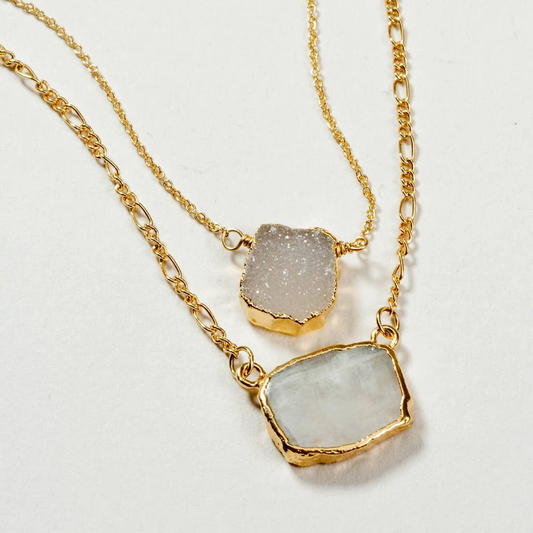 Power of Two Necklace Moonstone  Druzy Quartz