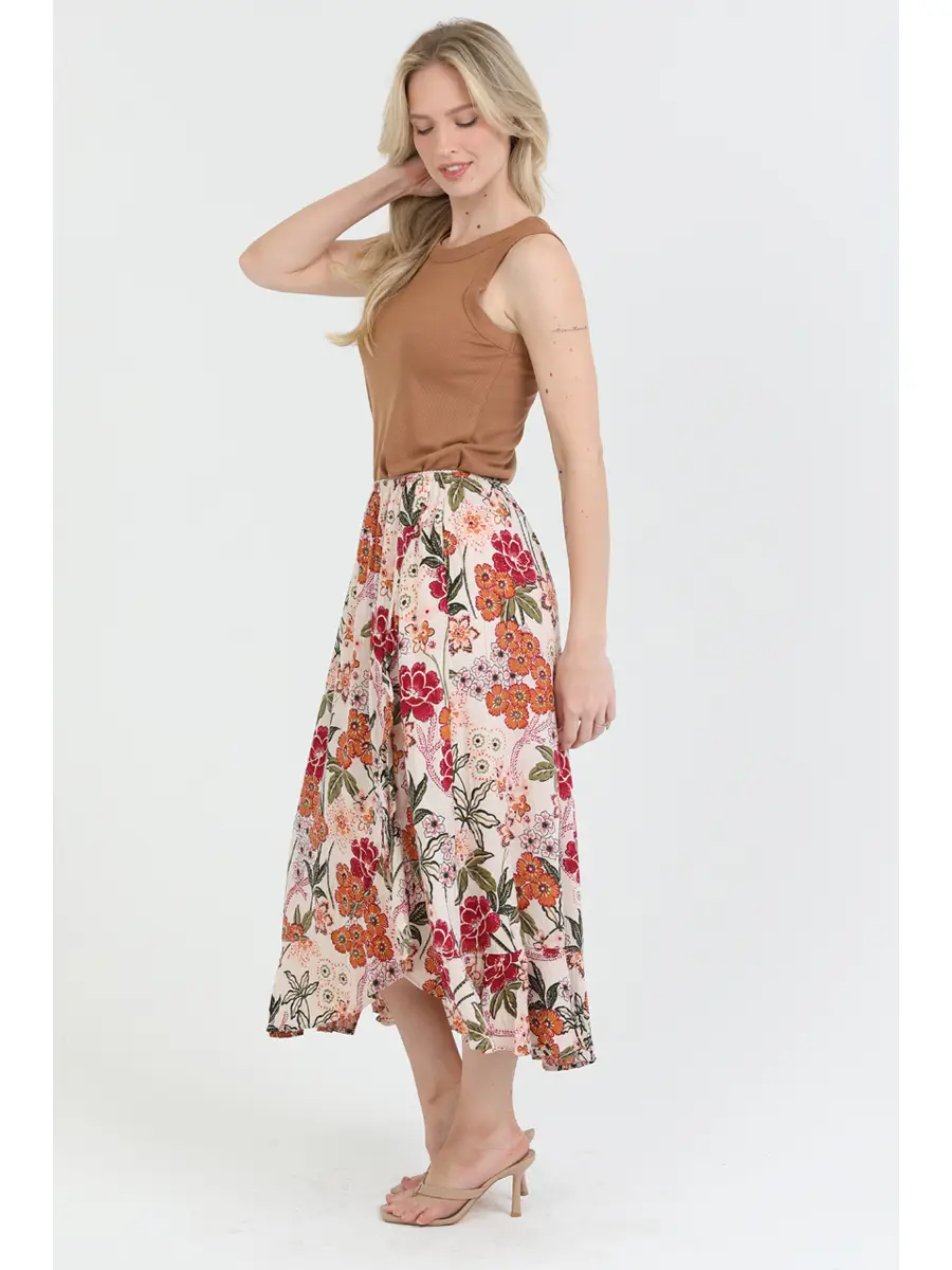 Floral Ruffle Slit Maxi Skirt