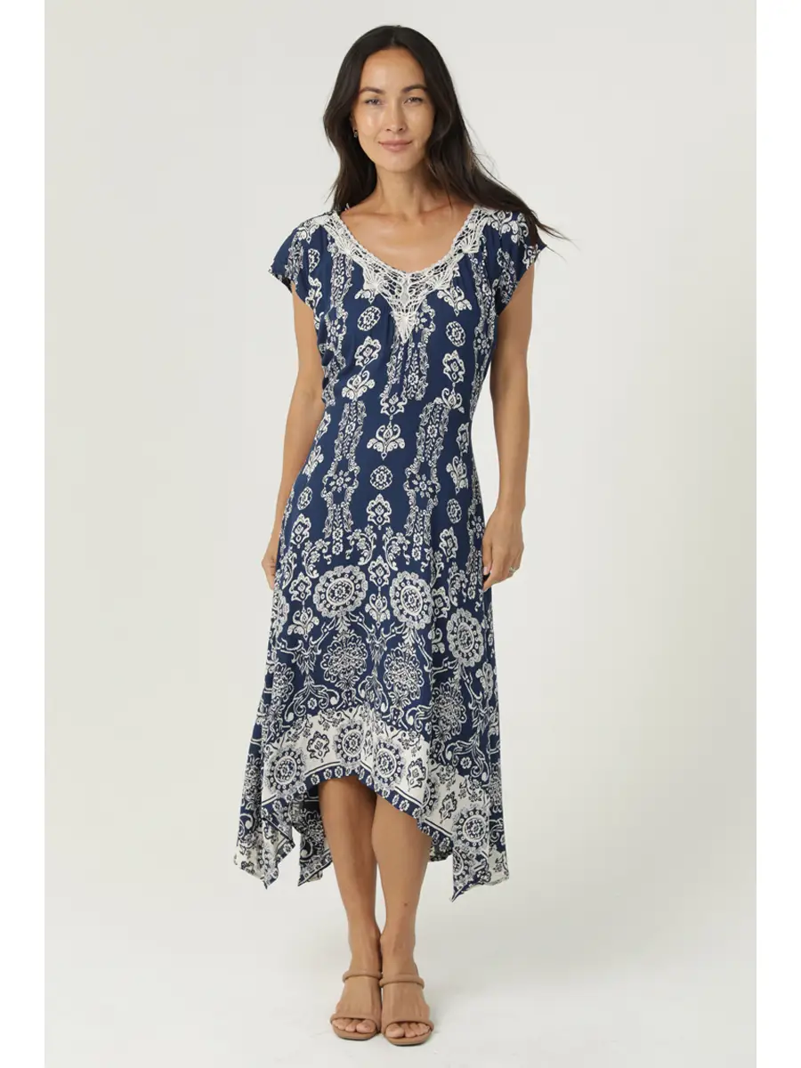 V-Neck Lace Trim Hanky Hem Dress