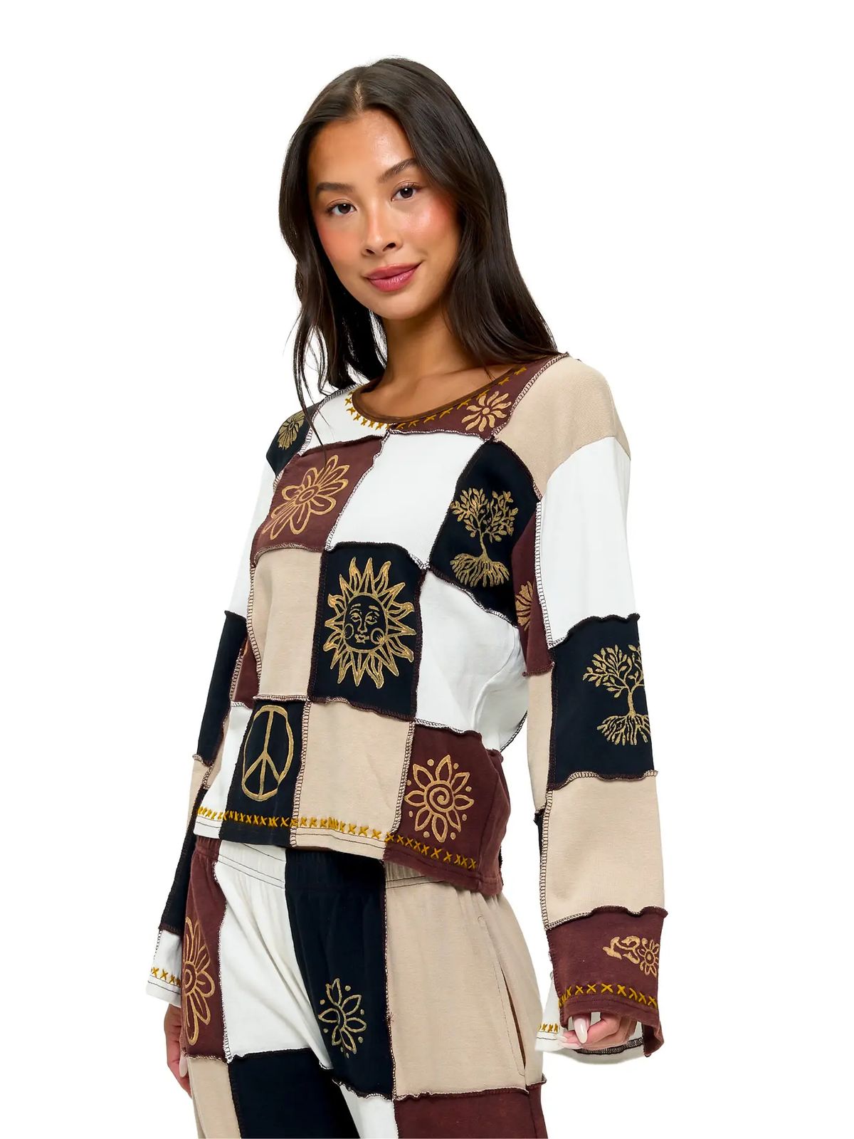 Earth Tones Colorblock Long Sleeve Top Bell Sleeves