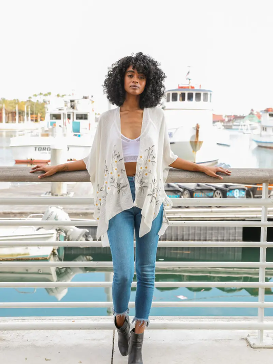 Embroidered Daisy Woven Kimono