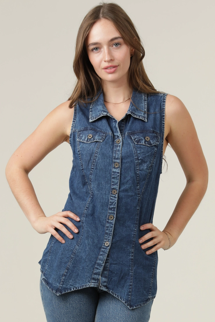 Denim Button Front Collared Tank