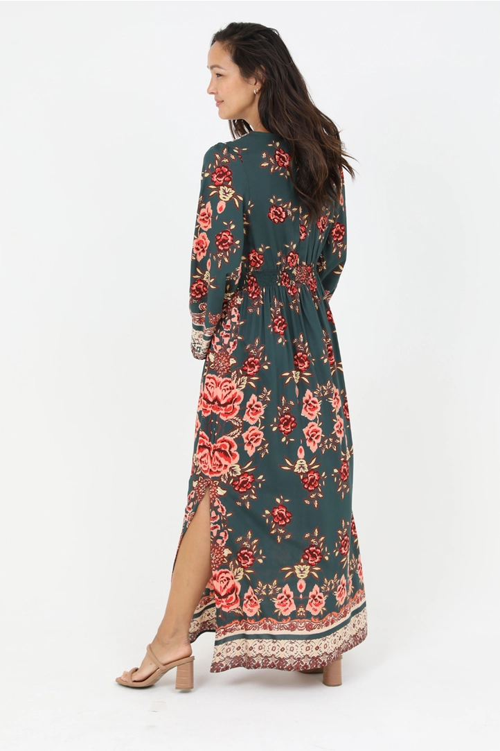 V-Neck Wide Sleeve Printed Kimono Dress