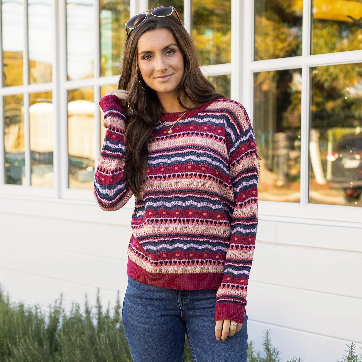 Pointelle Striped Sweater