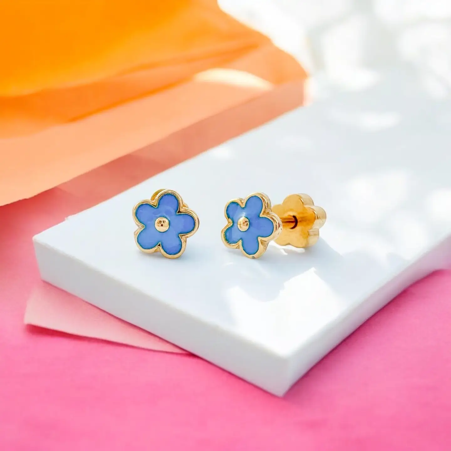 Blue Flowers Tiny Screw Back Earrings