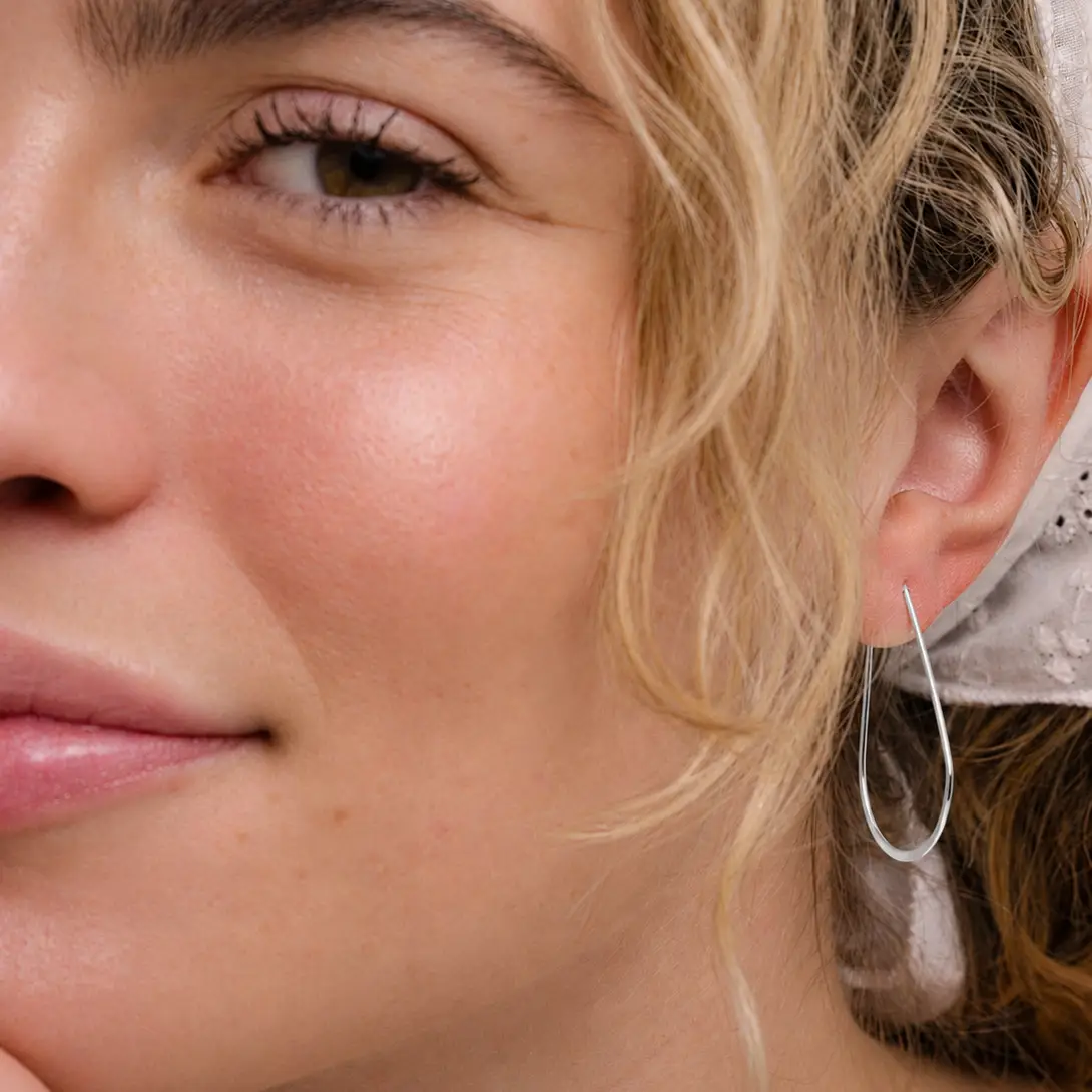 Silver Long Oval Hoop Earrings
