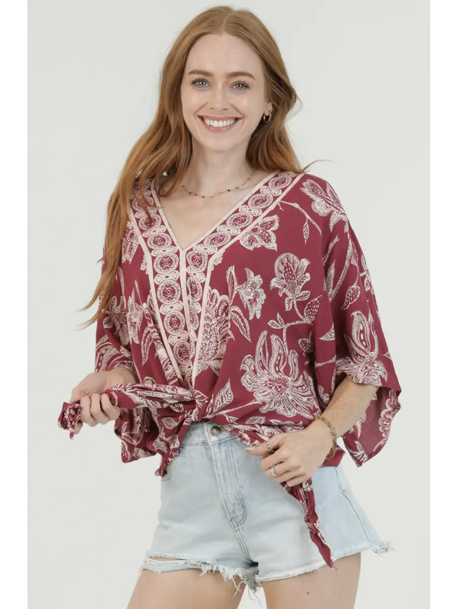 V-Neck Kimono Sleeve Tie Waist Blouse