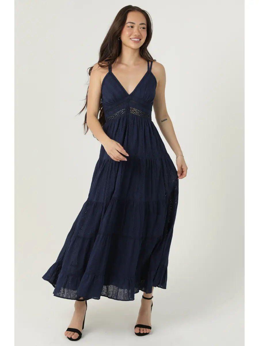 Eyelet Embroidered Midi Dress with Lace Inset