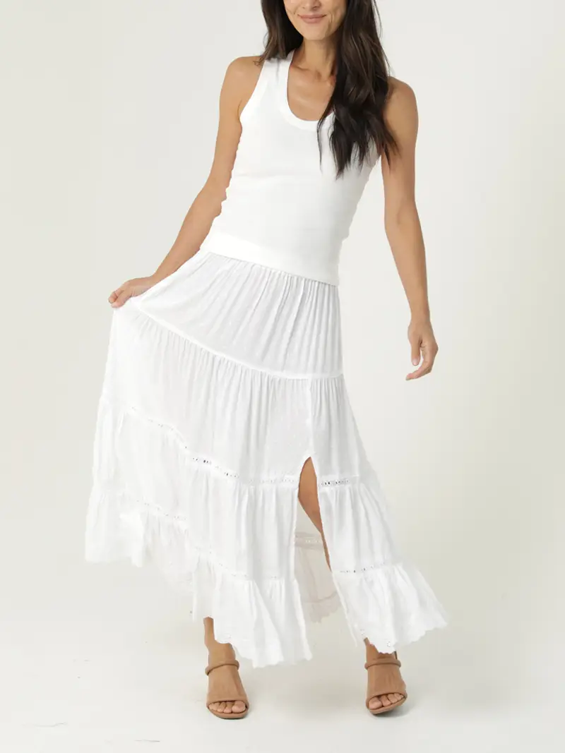 Swiss Dot Lace Trim Side Slit Skirt