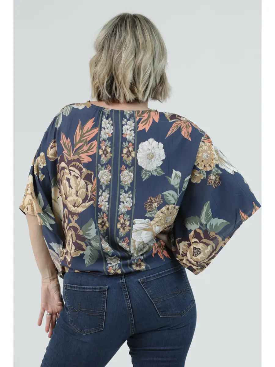 V-Neck Kimono Sleeve Tie Waist Blouse