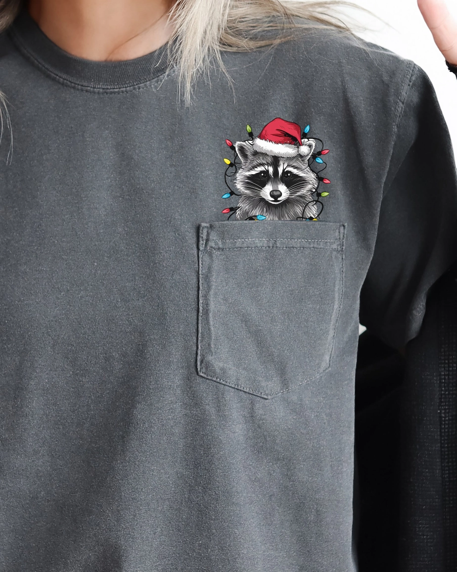 Christmas Raccoon in Pocket T-Shirt