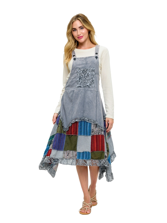Hippie Print Patch Overall Dress