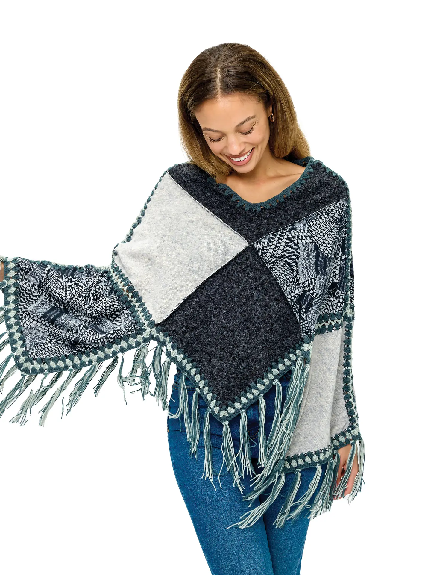 Patchwork Poncho With Fringe